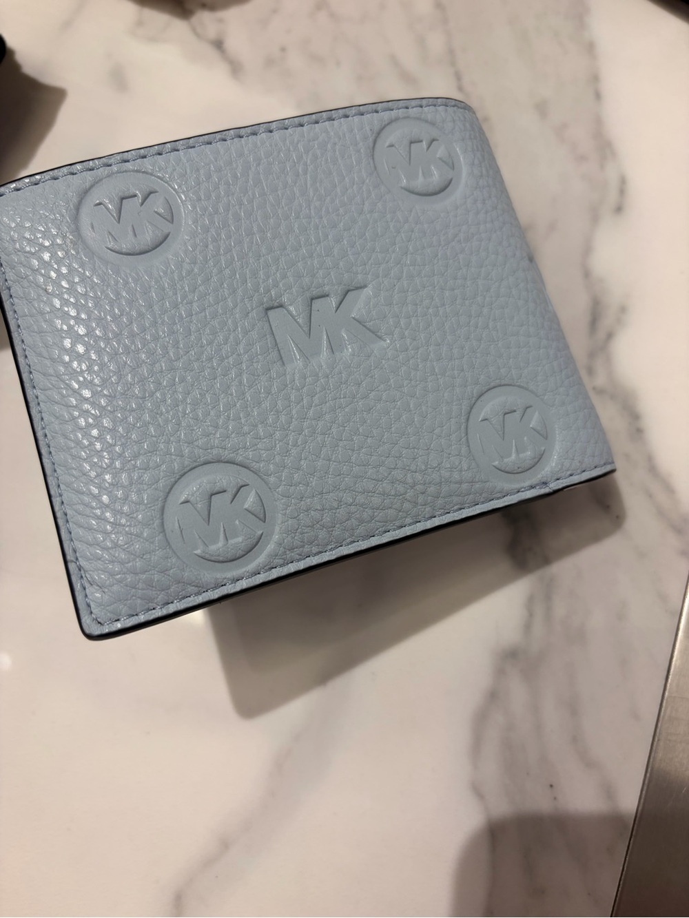 Michael Kors Light Blue Embossed MK Leather tri- Fold Wallet with ID holder